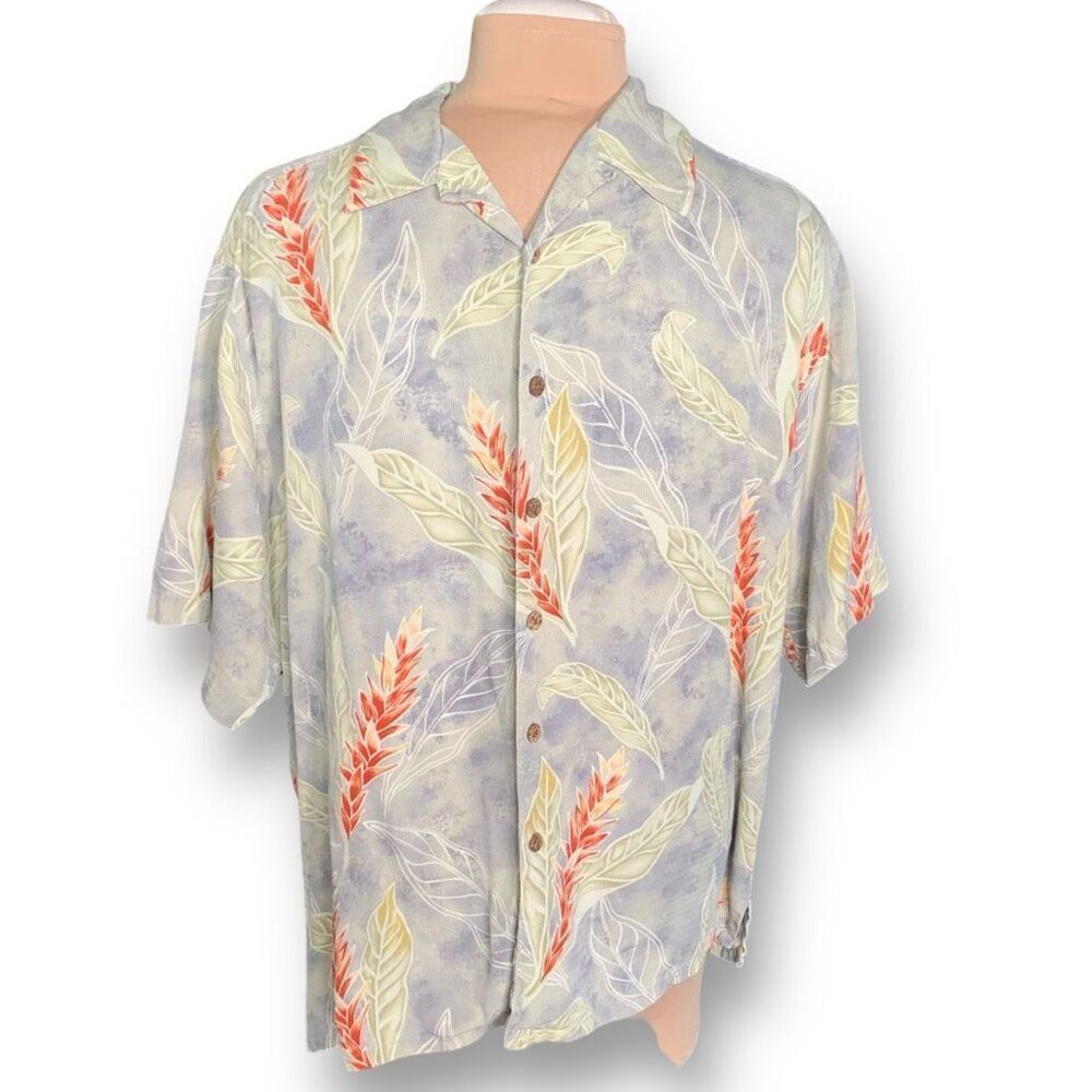 WFF Men Shirt Blue Silk Short Sleeve Leaf Hawaiian Printed Camp Collar Top XL